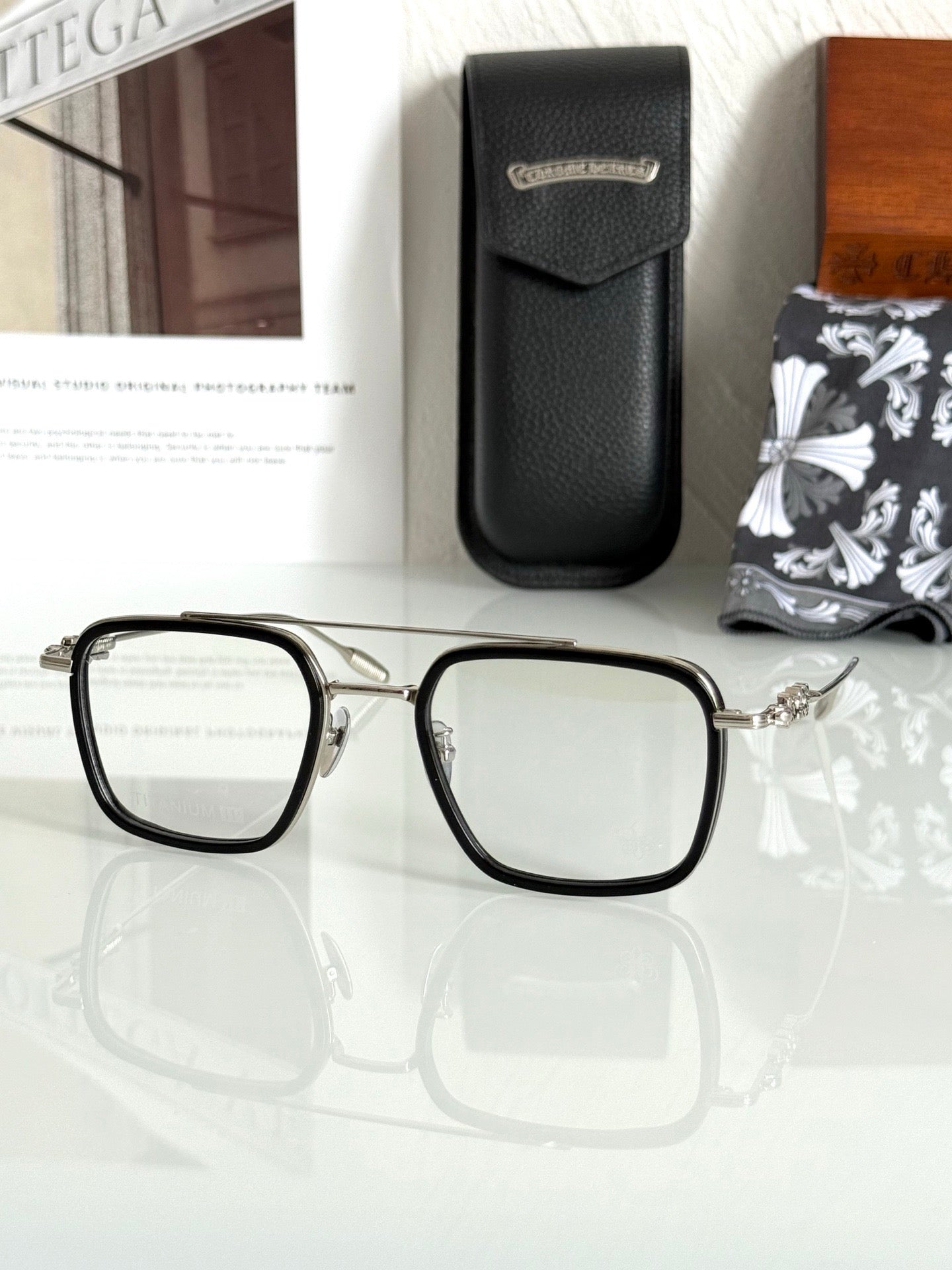 Inspired Chrome Hearts CH8236 – Titanium Rectangular Eyeglasses (1:1 Mirror Quality)