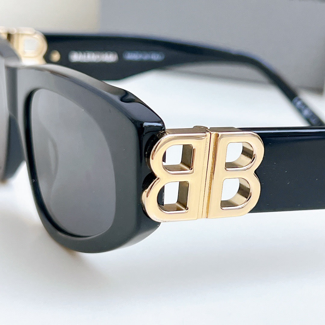 Inspired Balenciaga BB0095 – Black Rectangle Sunglasses with Gold Logo (1:1 Mirror Quality)