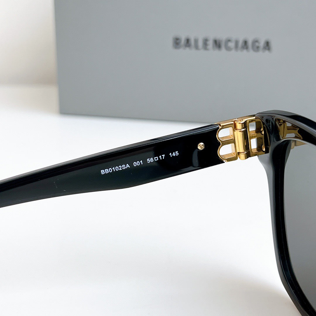 Inspired Balenciaga BB0102SA – Black Square Sunglasses with Gold Logo Hinges (1:1 Mirror Quality)