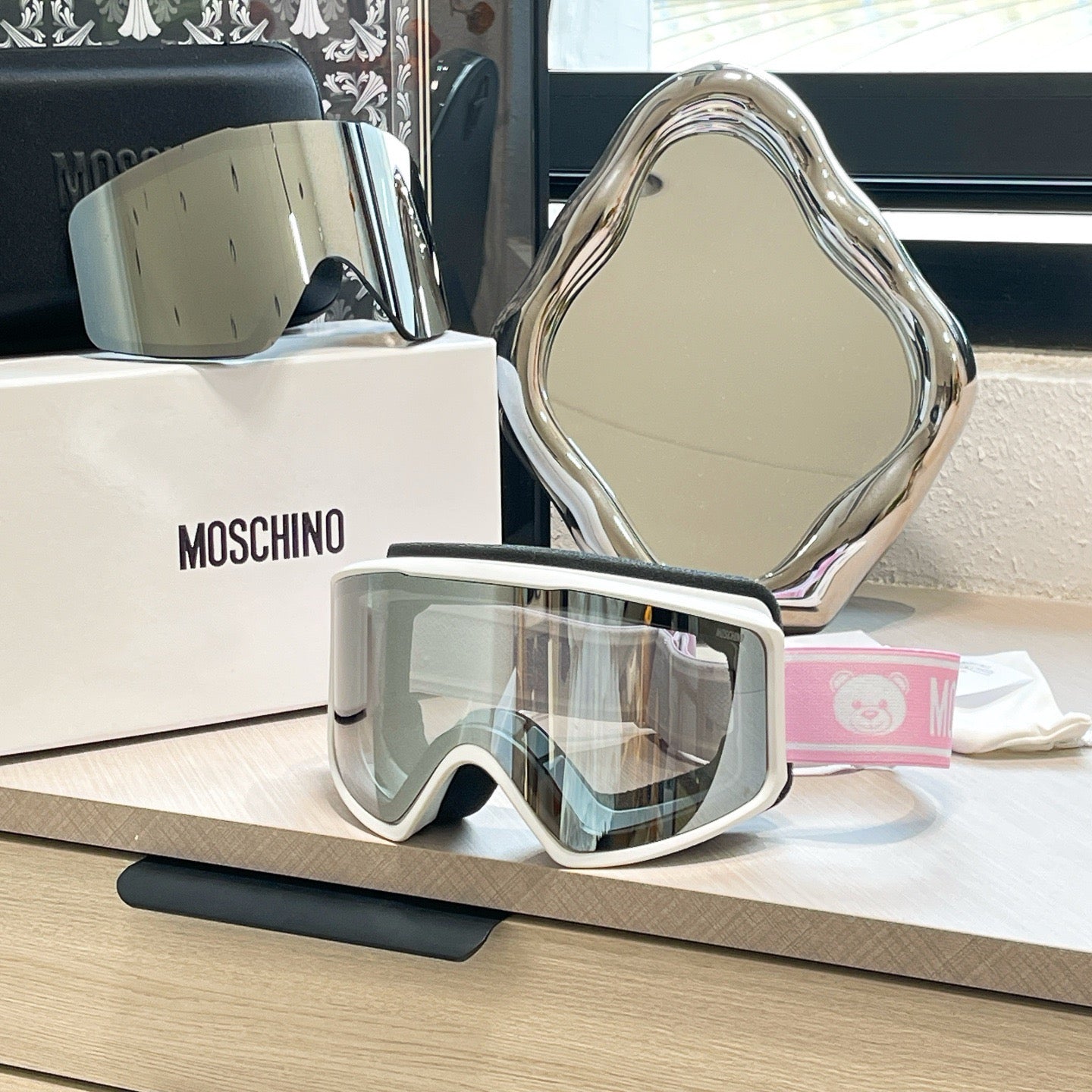 Inspired Moschino Ski Goggles – Pink Teddy Strap (Unisex)