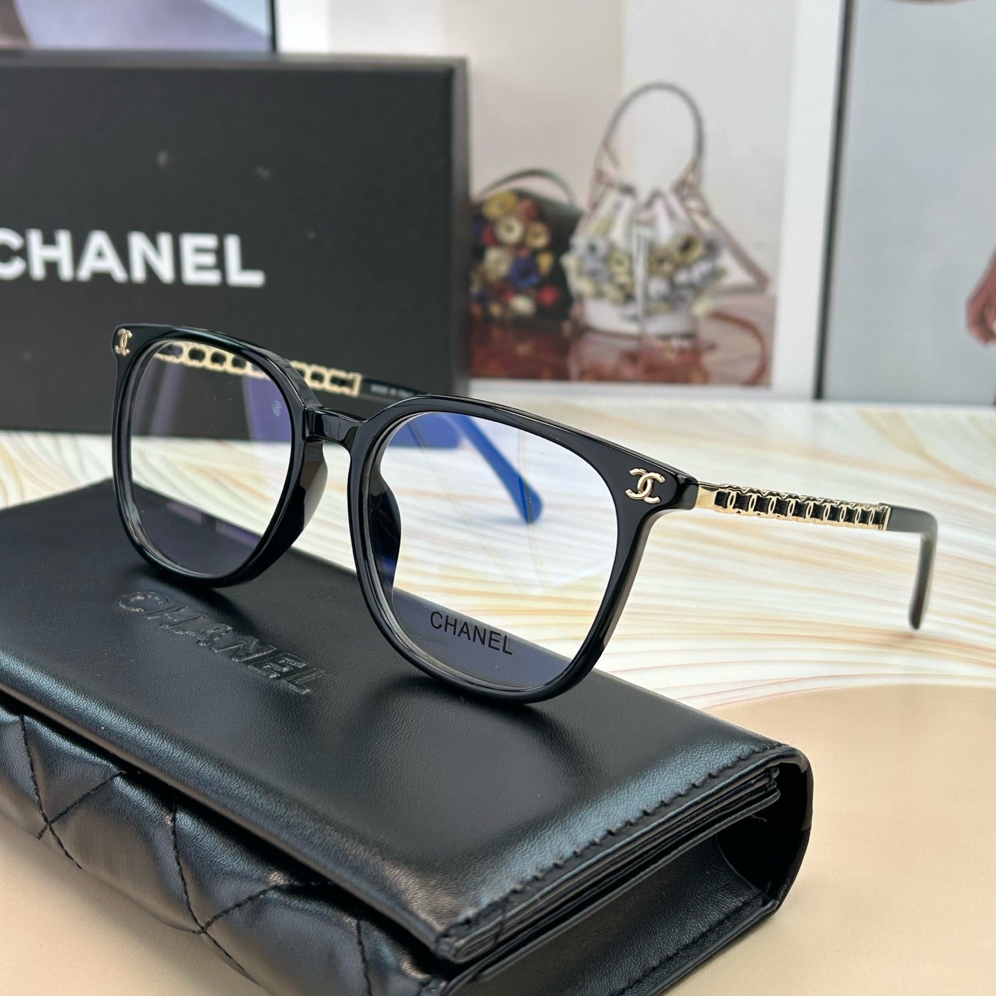 Inspired Chanel CH3472 – Square Eyeglasses with Chain Temples (1:1 Mirror Quality)