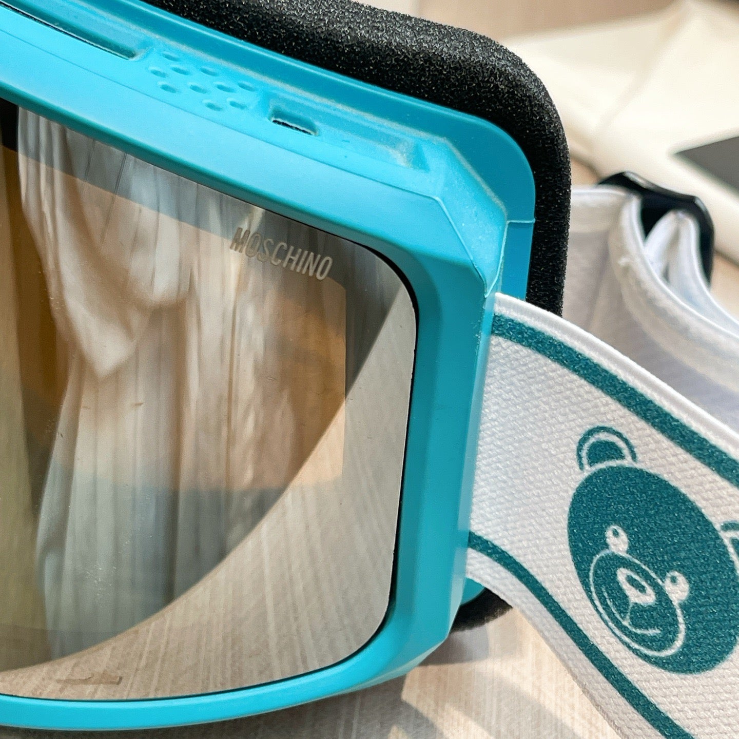 Inspired Moschino Ski Goggles – Blue & White Teddy Strap (Unisex)