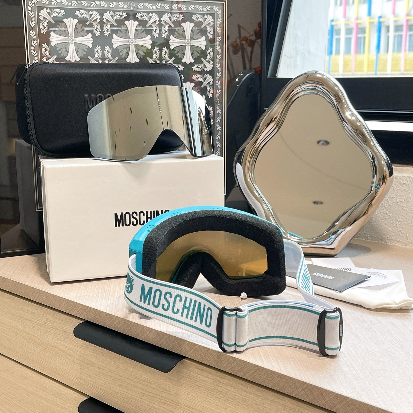 Inspired Moschino Ski Goggles – Blue & White Teddy Strap (Unisex)
