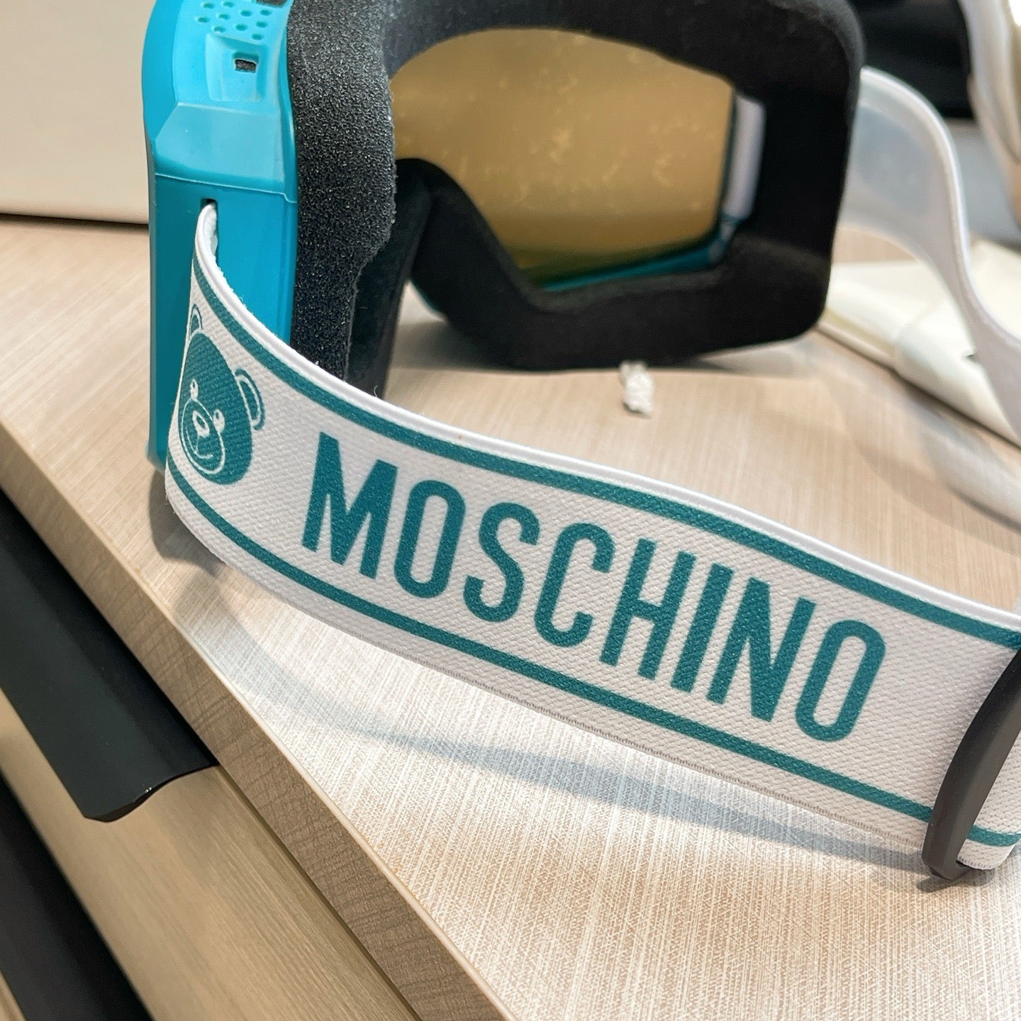 Inspired Moschino Ski Goggles – Blue & White Teddy Strap (Unisex)