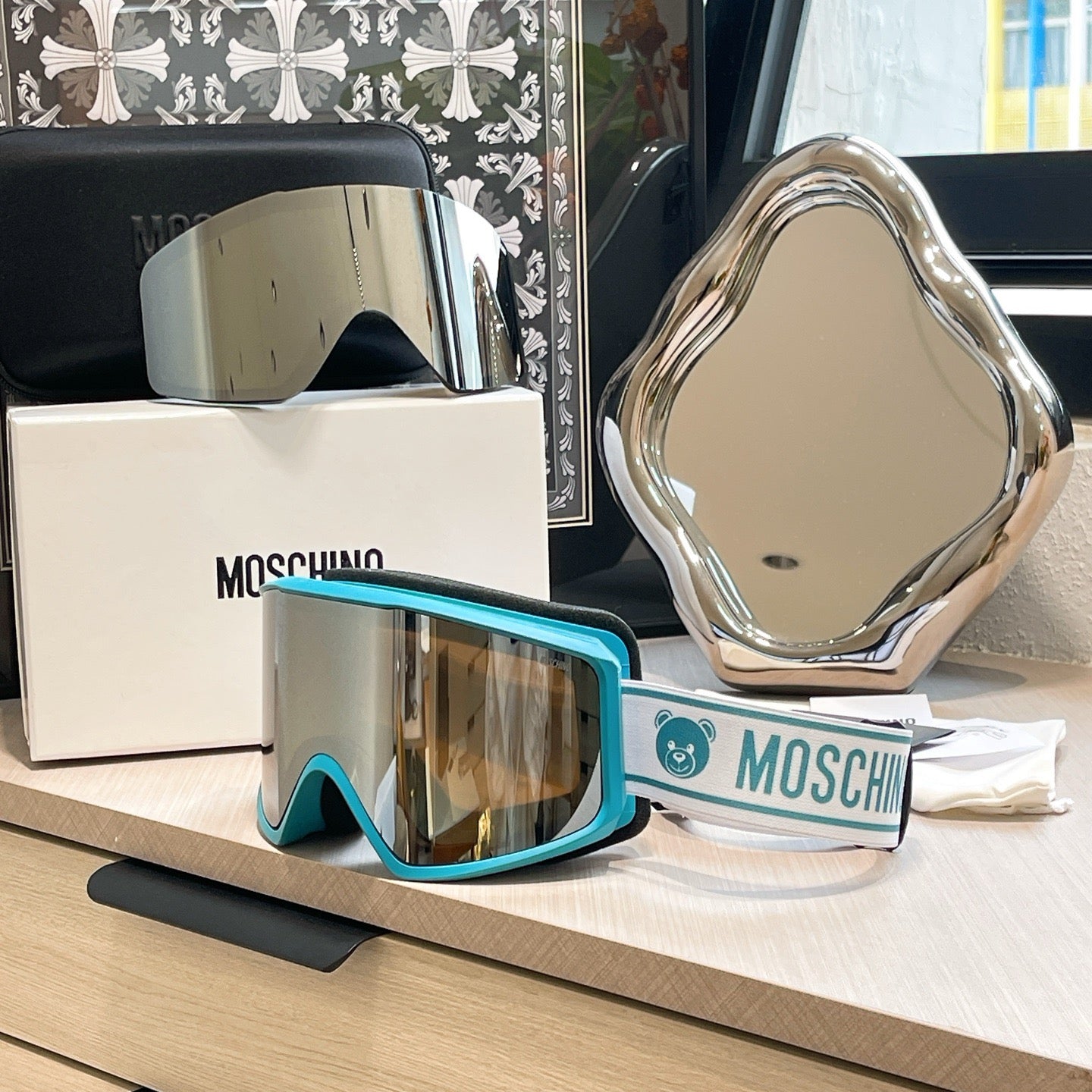 Inspired Moschino Ski Goggles – Blue & White Teddy Strap (Unisex)