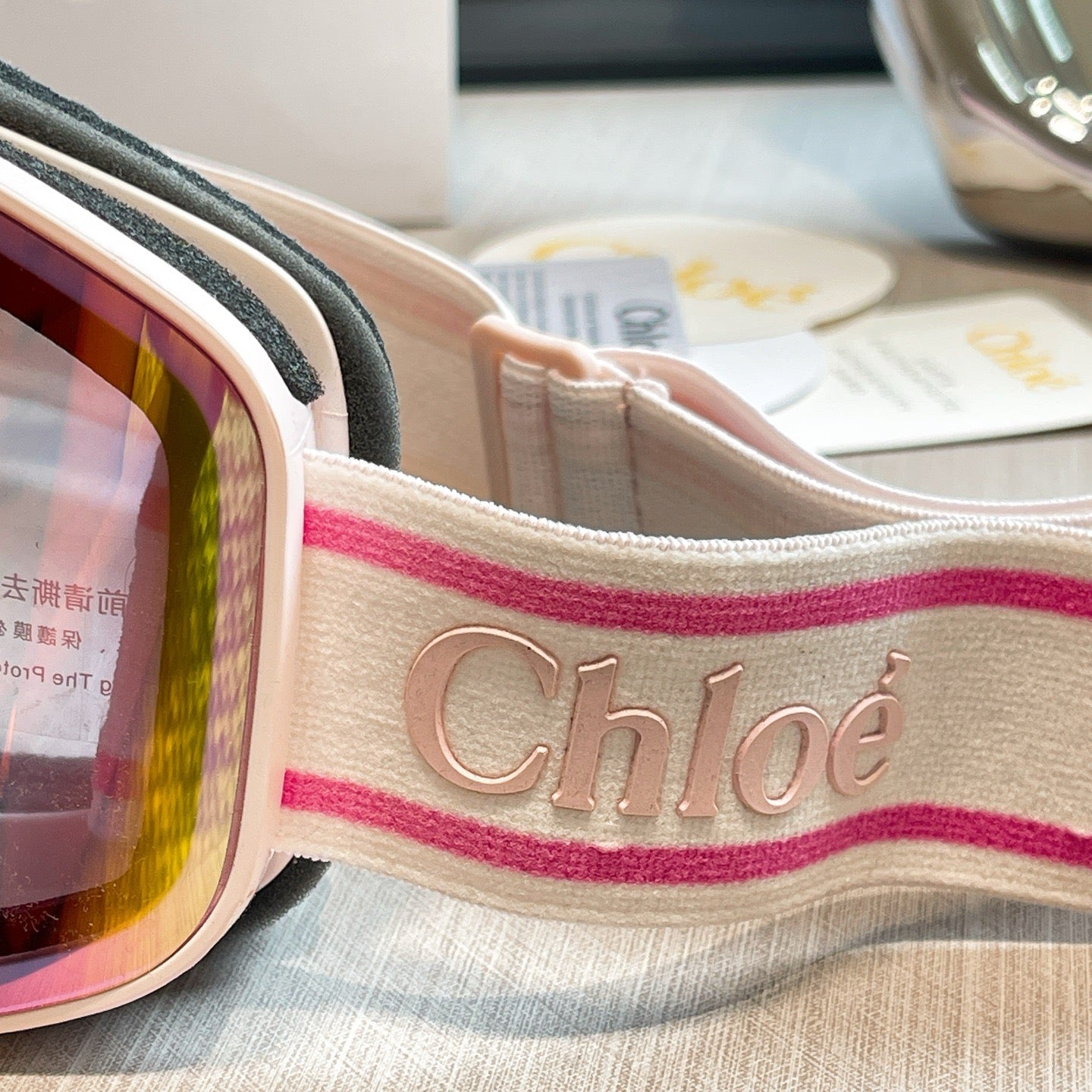 Inspired Chloé Ski Goggles – Pink Strap with Mirrored Lens (Unisex)