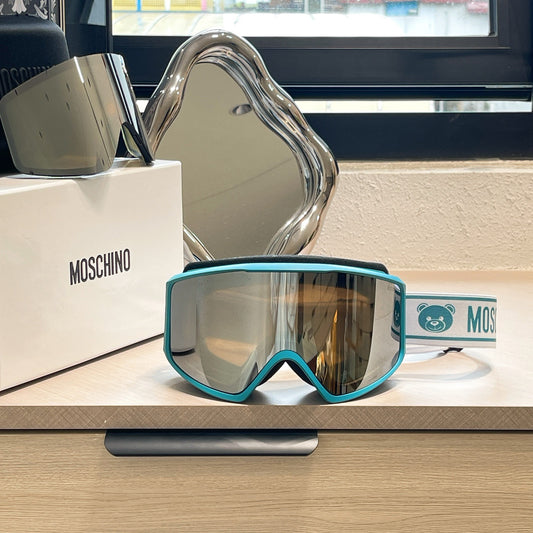 Inspired Moschino Ski Goggles – Blue & White Teddy Strap (Unisex)