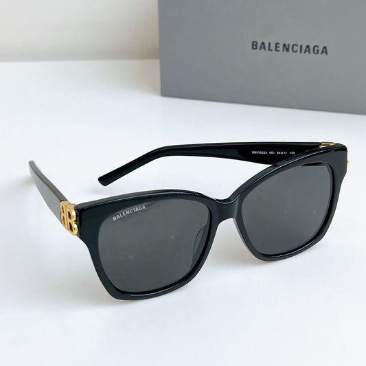 Inspired Balenciaga BB0102SA – Black Square Sunglasses with Gold Logo Hinges (1:1 Mirror Quality)