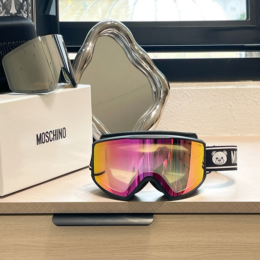 Inspired Moschino Ski Goggles – Black Teddy Strap with Mirrored Lens (Unisex)
