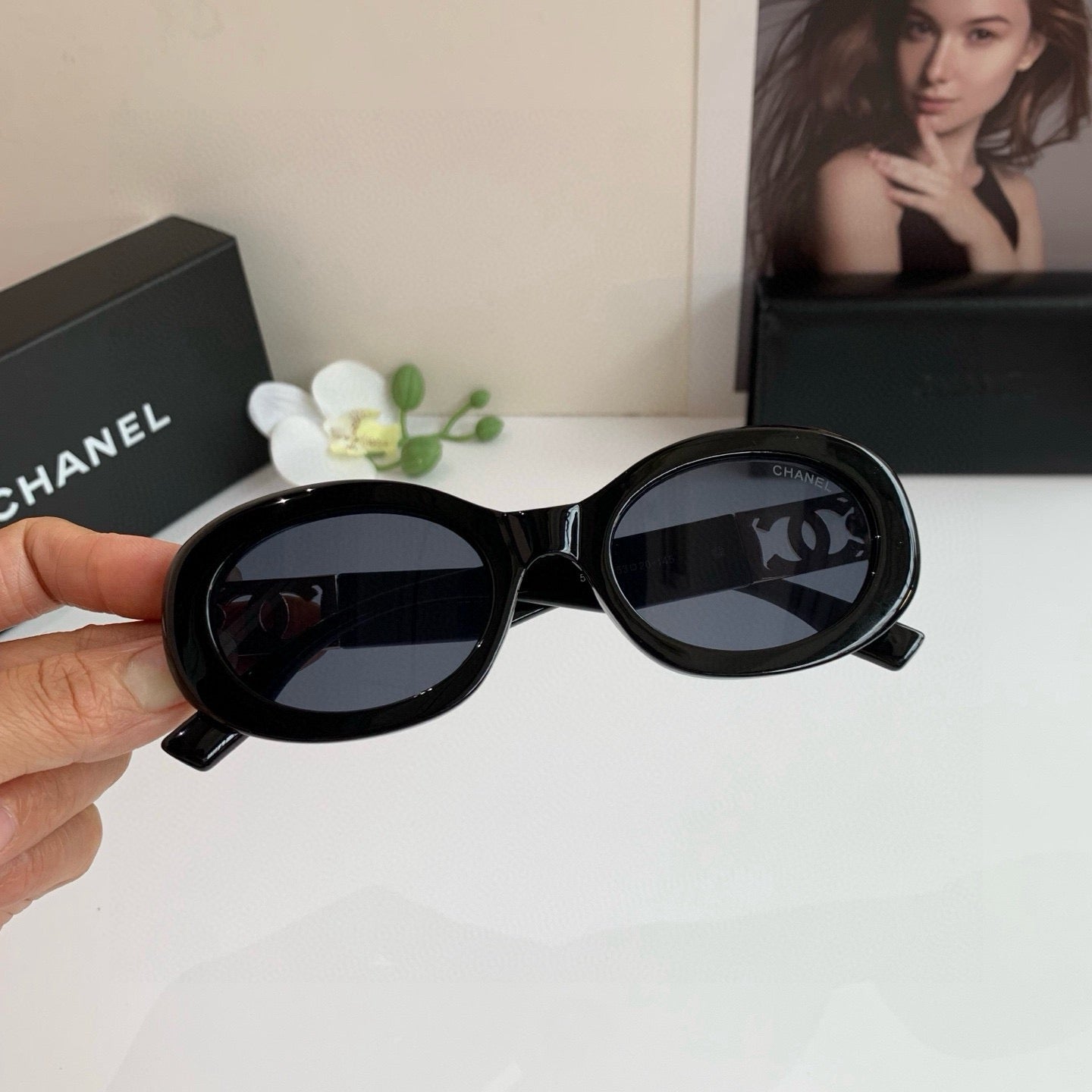 Inspired Chanel 58039 – Oval Sunglasses with Gold CC Temple Detailing (1:1 Mirror Quality)